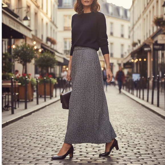 Vintage Tweed Maxi Skirt Black/ White Pull- On Size Small A-line Flare - Picture 13 of 13